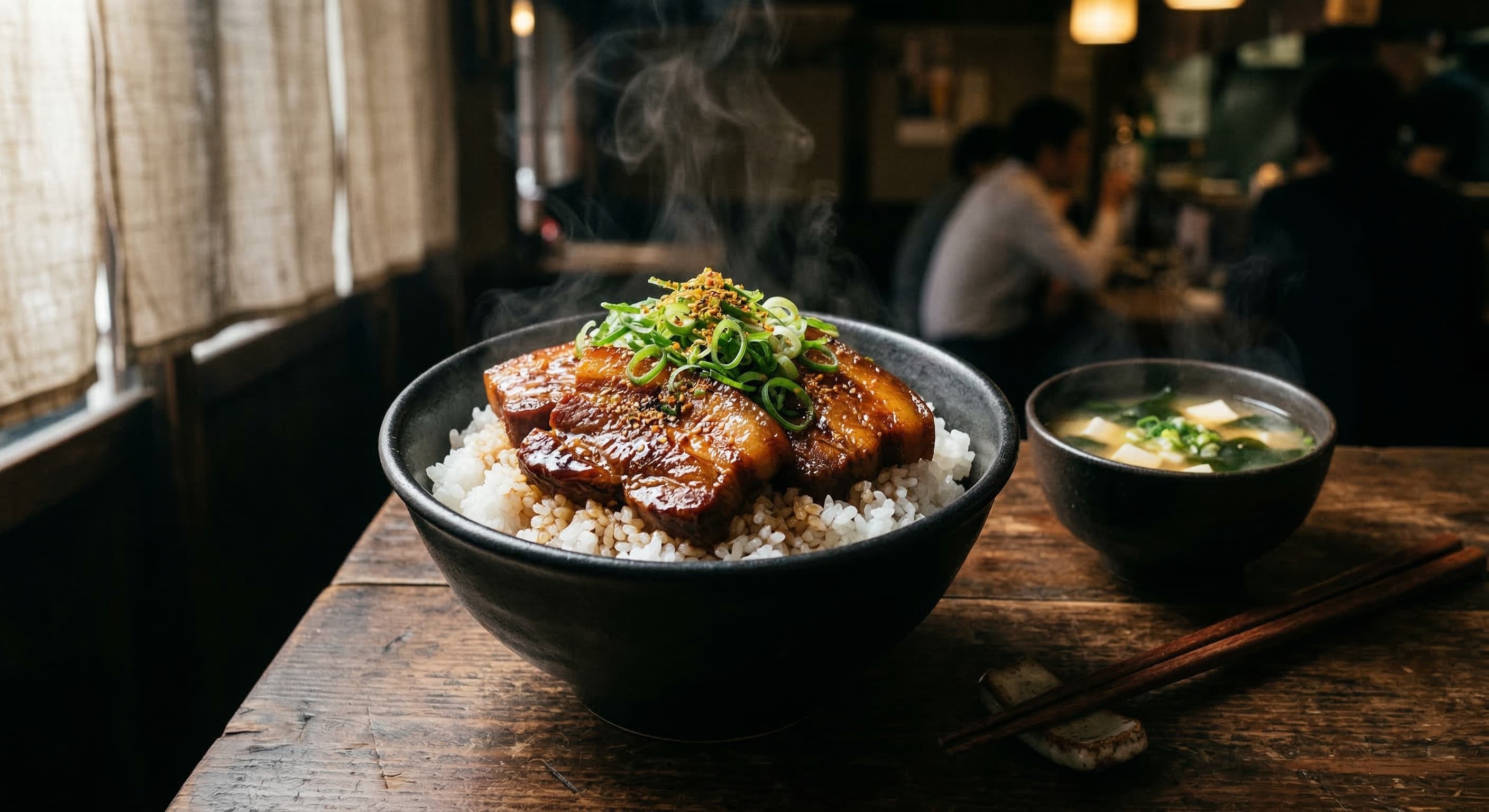 照りのある豚角煮がのった特製どんぶりと味噌汁
