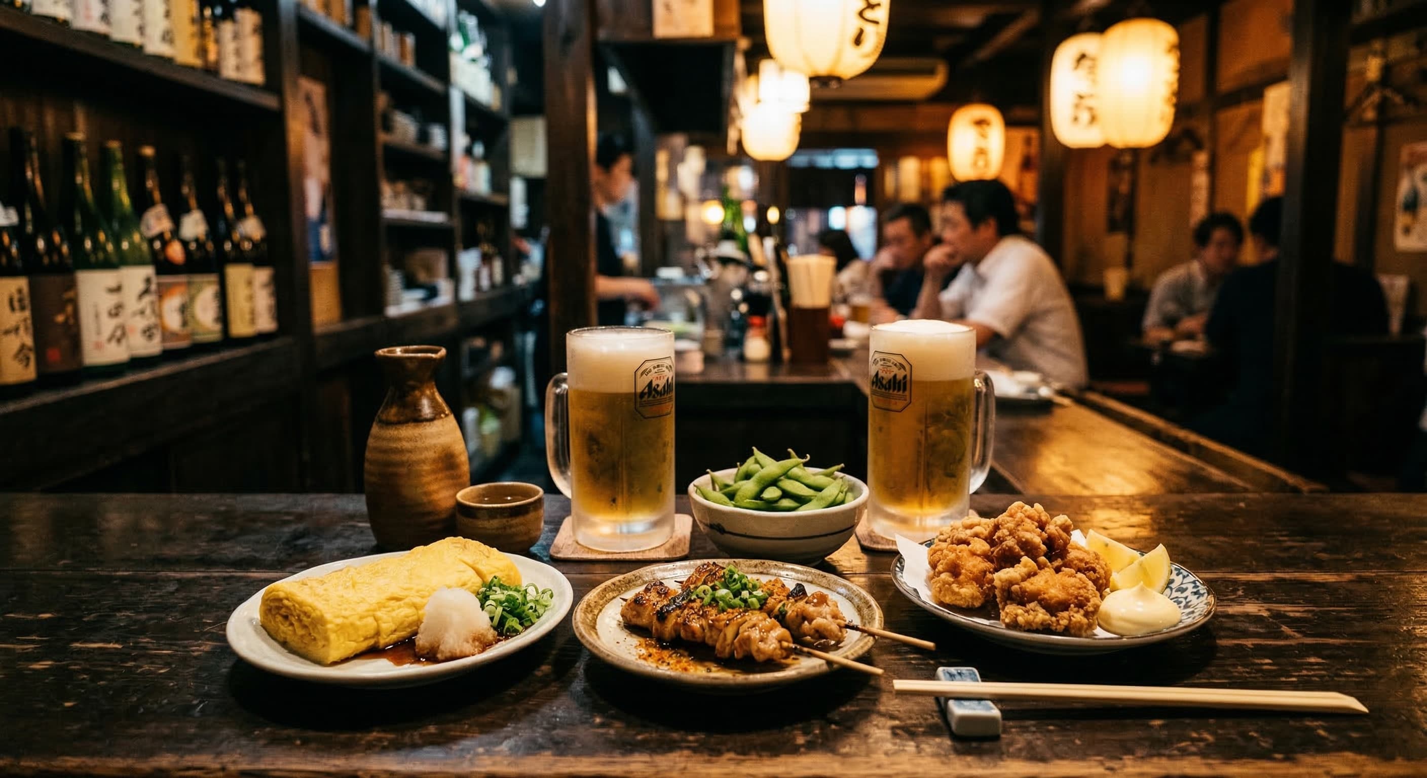 ビールとだし巻き・焼鳥・唐揚げが並ぶ居酒屋カウンター